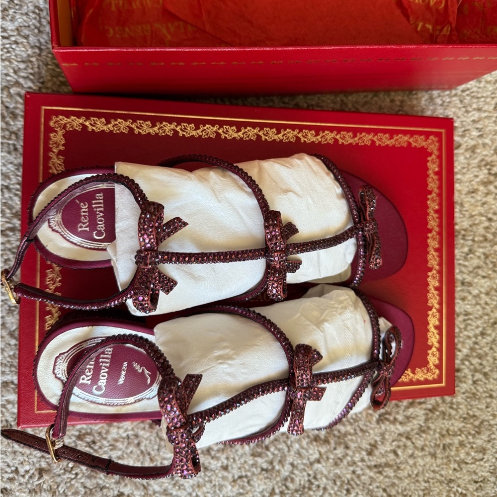 Rene Caovilla Maroon Swarovski Crystal 'Caterina' Block Heel Sandals 36 - Picture 7 of 9
